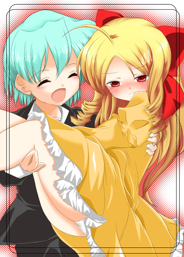 sachuma, ayasaki hayate, tennousu athena, hayate no gotoku!, 00s, blonde hair, blush, carrying, dress, drill hair, green hair, long hair, panties, pantyshot, princess carry, red eyes, underwear