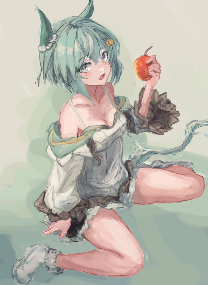 yanagi wakana, seiun sky (reeling in the big one) (umamusume), seiun sky (umamusume), umamusume, 1girl, animal ears, apple, bare shoulders, black skirt, blue eyes, blush, breasts, cleavage, collarbone, dress, ear covers, flower, food, fruit, grey hair, hair between eyes, hair flower, hair ornament, hairclip, holding, holding food, holding fruit, horse ears, horse girl, horse tail, long sleeves, looking at viewer, off-shoulder dress, off shoulder, open mouth, shoes, short hair, single ear cover, sitting, skirt, small breasts, solo, sunflower, sunflower hair ornament, tail, wariza, white dress