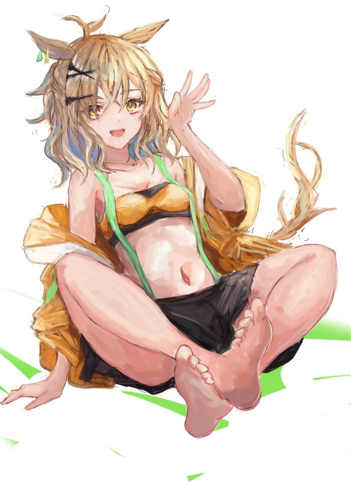 yanagi wakana, jungle pocket (champion's battle cry) (umamusume), jungle pocket (umamusume), umamusume, ahoge, animal ears, bandeau, bare shoulders, black skirt, breasts, brown hair, hair between eyes, hair ornament, hairclip, horse ears, horse girl, horse tail, jacket, jewelry, long sleeves, looking at viewer, medium hair, navel, open clothes, open jacket, open mouth, pleated skirt, simple background, skirt, small breasts, smile, stomach, suspenders, tail, yellow bandeau, yellow eyes, yellow jacket