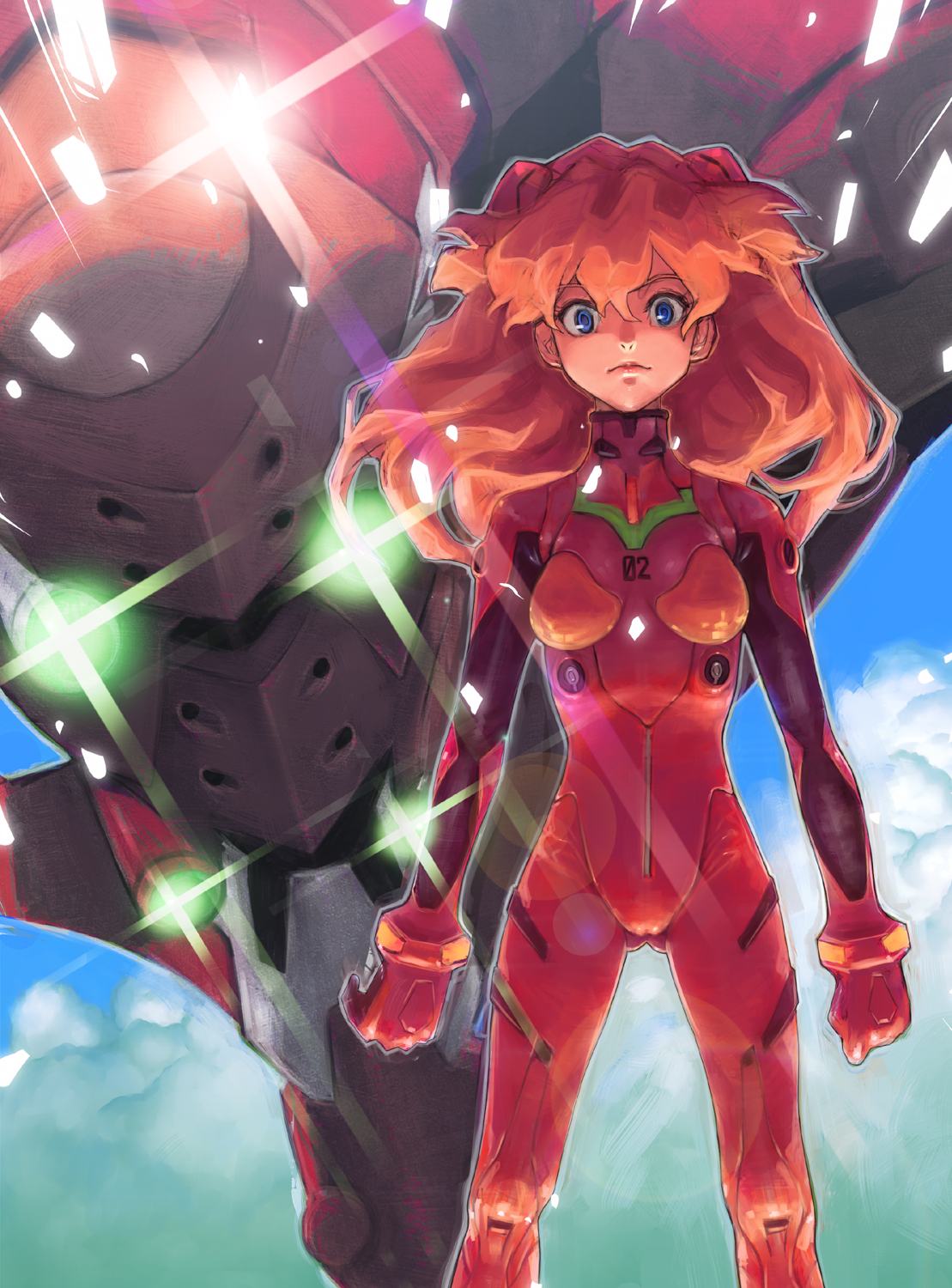 boyaking, eva 02, souryuu asuka langley, evangelion: 2.0 you can (not) advance, neon genesis evangelion, rebuild of evangelion, highres, 00s, 1girl, blue eyes, cameltoe, female focus, lips, long hair, mecha, mecha pilot suit, outdoors, plugsuit (evangelion), red hair, robot, sky, solo
