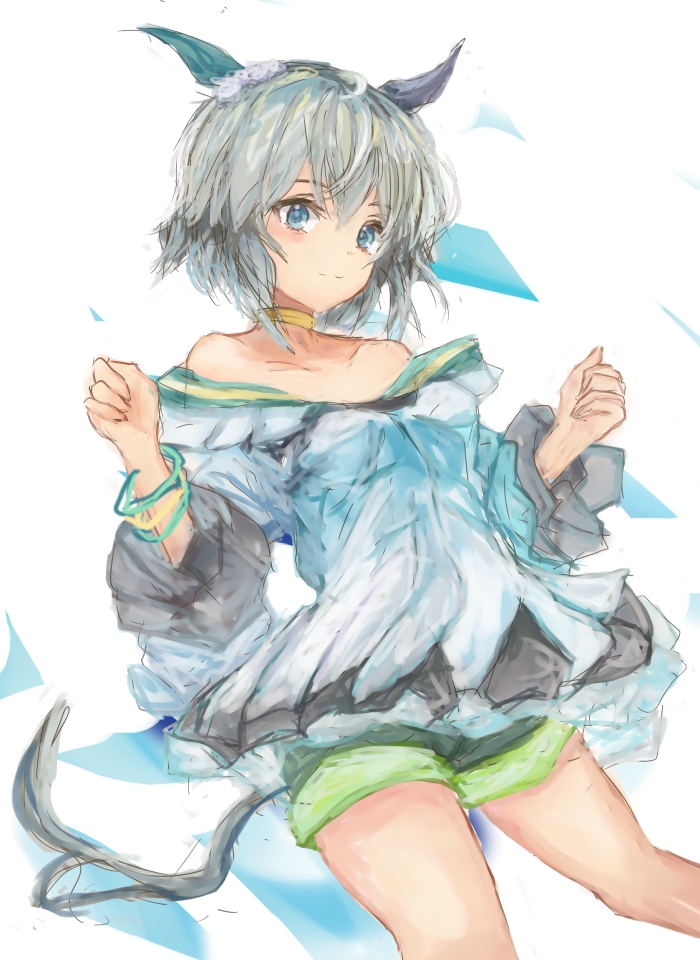 yanagi wakana, seiun sky (reeling in the big one) (umamusume), seiun sky (umamusume), umamusume, 1girl, animal ears, bare shoulders, blue eyes, blush, breasts, choker, closed mouth, collarbone, dress, ear covers, green shorts, grey hair, hair between eyes, horse ears, horse girl, horse tail, long sleeves, off-shoulder dress, off shoulder, short hair, shorts, shorts under dress, single ear cover, small breasts, solo, tail, white dress, yellow choker
