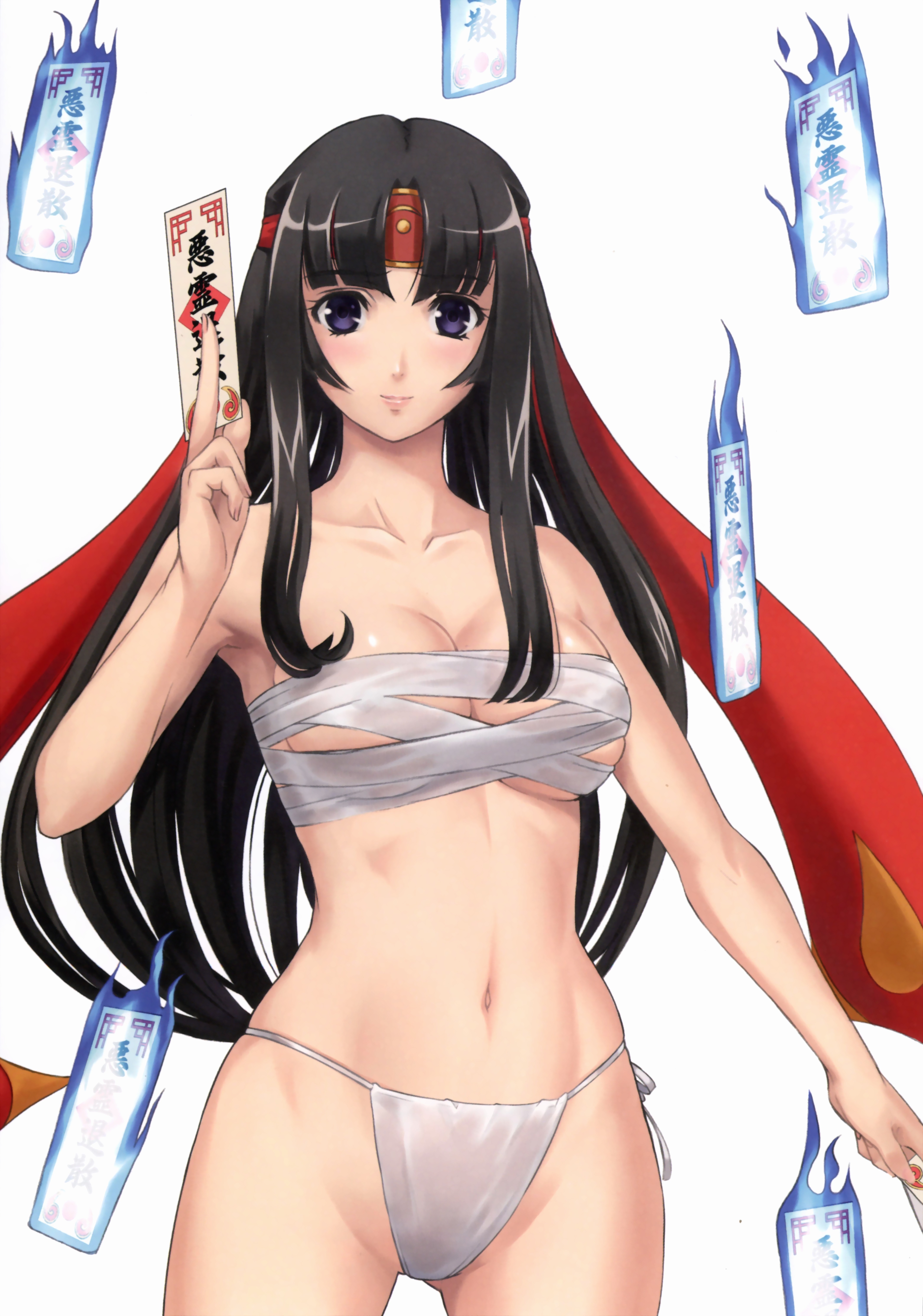 eiwa, musha miko tomoe, tomoe (queen's blade), queen's blade, absurdres, highres, 00s, 1girl, bandages, bare shoulders, black hair, blue eyes, breasts, collarbone, female focus, fundoshi, headband, japanese clothes, large breasts, long hair, navel, ofuda, sarashi, smile, solo