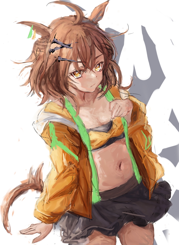 yanagi wakana, jungle pocket (champion's battle cry) (umamusume), jungle pocket (umamusume), umamusume, ahoge, animal ears, bandeau, bare shoulders, black skirt, breasts, brown hair, closed mouth, hair between eyes, hair ornament, hairclip, horse ears, horse girl, horse tail, jacket, jewelry, long sleeves, looking at viewer, medium hair, navel, open clothes, open jacket, pleated skirt, simple background, skirt, small breasts, stomach, suspenders, tail, yellow bandeau, yellow eyes, yellow jacket
