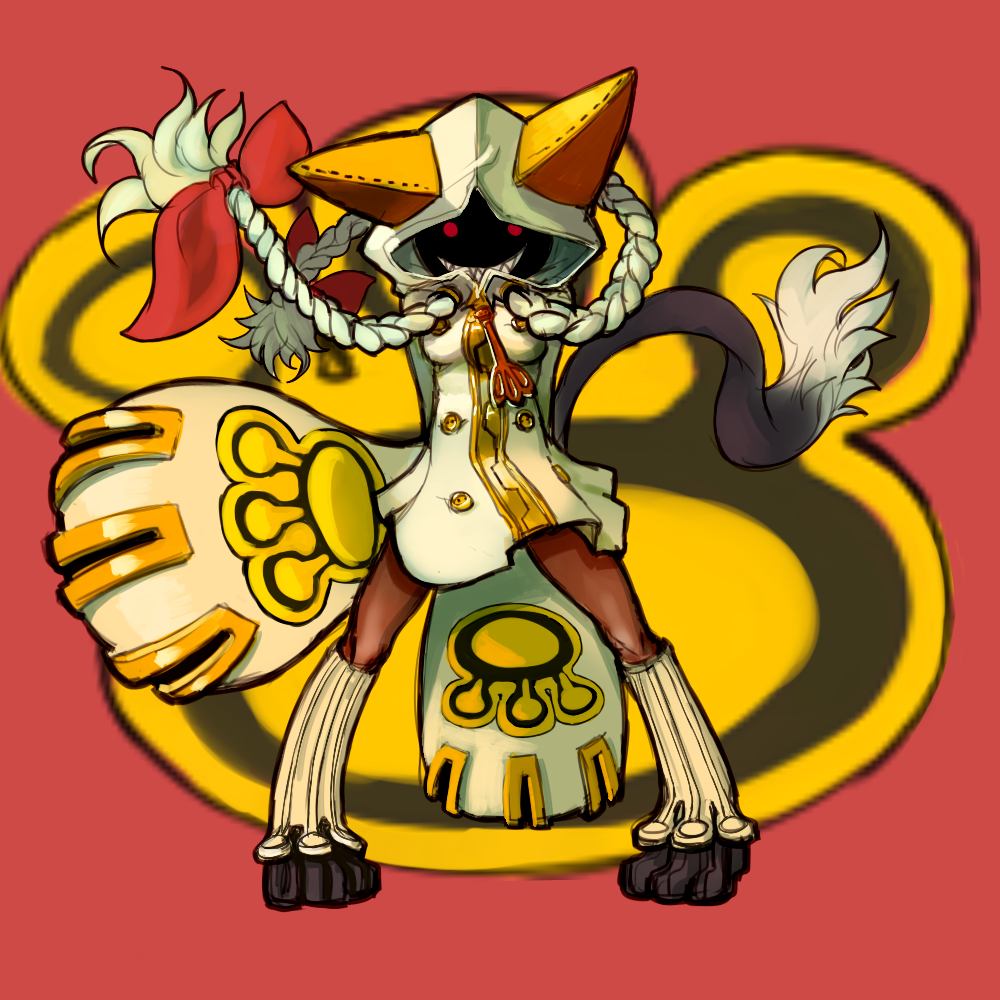 taokaka, arc system works, blazblue, 1girl, animal ears, animal hood, braid, breasts, cat ears, cat girl, cat hood, cat tail, female focus, full body, grin, hood, long hair, red eyes, smile, socks, solo, tail, twin braids