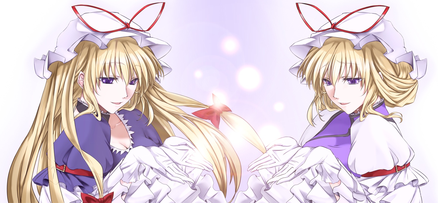 haruichi (komikal), yakumo yukari, touhou, 1girl, blonde hair, dual persona, female focus, gloves, hat, long hair, multiple views, purple eyes, symmetry, upper body, white gloves
