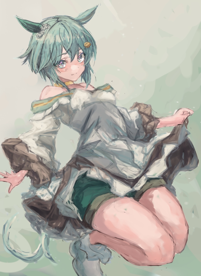 yanagi wakana, seiun sky (reeling in the big one) (umamusume), seiun sky (umamusume), umamusume, 1girl, animal ears, bare shoulders, black skirt, blue eyes, blush, breasts, cleavage, closed mouth, collarbone, dress, ear covers, flower, green shorts, grey hair, hair between eyes, hair flower, hair ornament, hairclip, horse ears, horse girl, horse tail, looking at viewer, medium breasts, off-shoulder dress, off shoulder, shoes, short hair, shorts, shorts under dress, simple background, single ear cover, skirt, small breasts, smile, solo, sunflower, sunflower hair ornament, tail, white dress