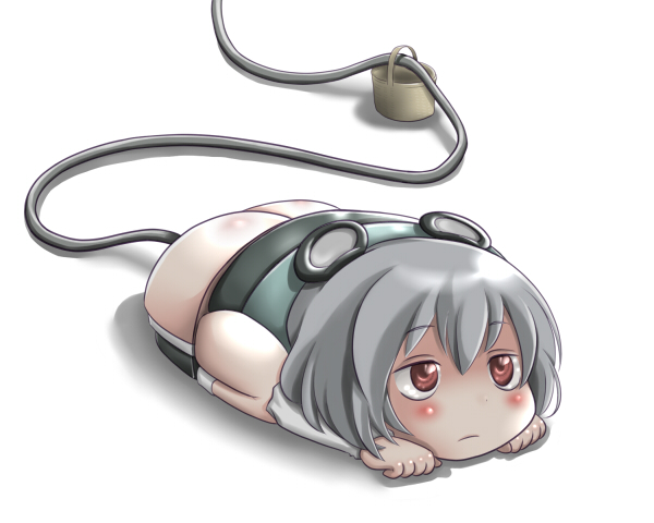 ao usagi, nazrin, touhou, 1girl, animal ears, ass, basket, blush, computer mouse, female focus, grey hair, mouse (animal), mouse ears, mouse tail, parody, pun, red eyes, solo, tail