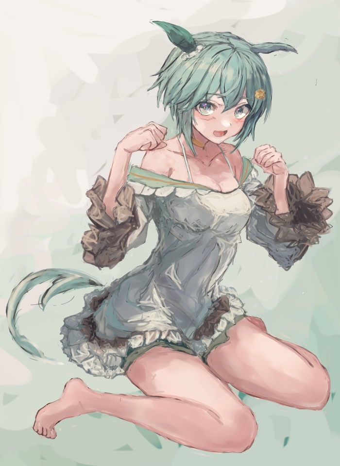 yanagi wakana, seiun sky (reeling in the big one) (umamusume), seiun sky (umamusume), umamusume, 1girl, animal ears, bare shoulders, barefoot, black skirt, blue eyes, blush, breasts, cleavage, collarbone, dress, ear covers, flower, green shorts, grey hair, hair between eyes, hair flower, hair ornament, hairclip, horse ears, horse girl, horse tail, looking at viewer, medium breasts, off-shoulder dress, off shoulder, open mouth, short hair, shorts, shorts under dress, simple background, single ear cover, sitting, skirt, smile, solo, sunflower, sunflower hair ornament, tail, wariza, white dress