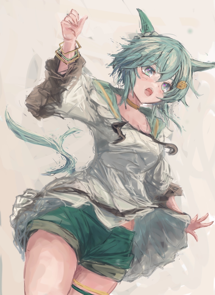 yanagi wakana, seiun sky (reeling in the big one) (umamusume), seiun sky (umamusume), umamusume, 1girl, animal ears, blue eyes, blush, bracelet, breasts, choker, cleavage, dress, ear covers, flower, green sailor collar, green shorts, grey hair, hair flower, hair ornament, hairclip, horse ears, horse girl, horse tail, jewelry, long sleeves, open mouth, sailor collar, short hair, shorts, simple background, single ear cover, smile, solo, sunflower, sunflower hair ornament, tail, white dress, yellow choker