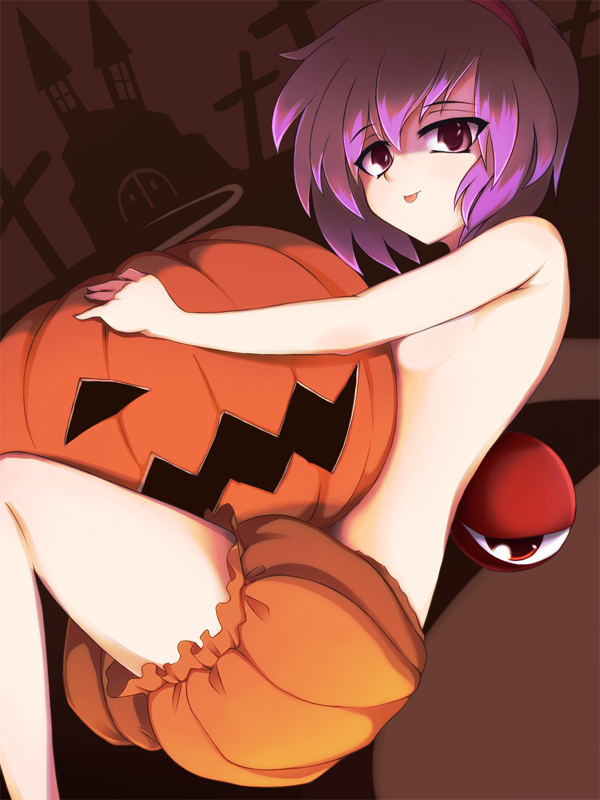 pandain, komeiji satori, touhou, 1girl, :p, bloomers, female focus, hairband, halloween, heart, jack-o'-lantern, pumpkin, purple eyes, purple hair, short hair, solo, tongue, tongue out, topless female, underwear