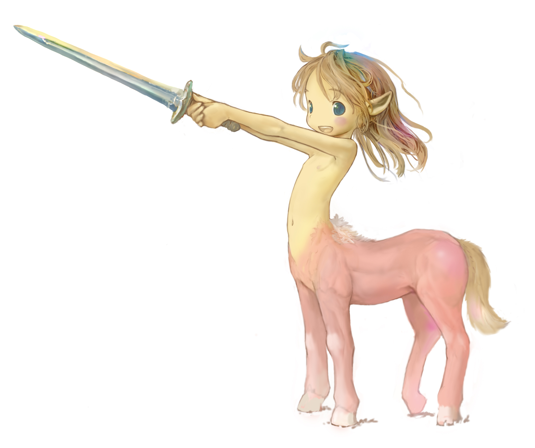 tsukushi akihito, the chronicles of narnia, bad id, bad pixiv id, highres, 1girl, blush stickers, centaur, female focus, flat chest, hooves, loli, male focus, monster girl, navel, nipples, nude, pointy ears, simple background, smile, solo, sword, tail, taur, topless male, weapon, white background