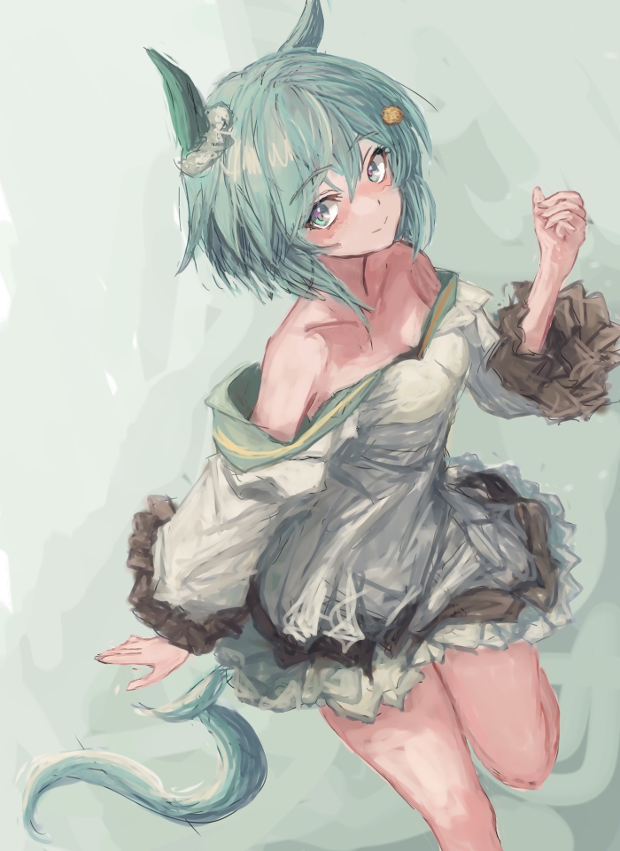 yanagi wakana, seiun sky (reeling in the big one) (umamusume), seiun sky (umamusume), umamusume, 1girl, animal ears, bare shoulders, blue eyes, blush, breasts, choker, cleavage, closed mouth, collarbone, dress, ear covers, flower, grey hair, hair flower, hair ornament, hairclip, horse ears, horse girl, horse tail, long sleeves, looking at viewer, off-shoulder dress, off shoulder, shoes, short hair, single ear cover, smile, solo, sunflower, sunflower hair ornament, tail, white dress, yellow choker