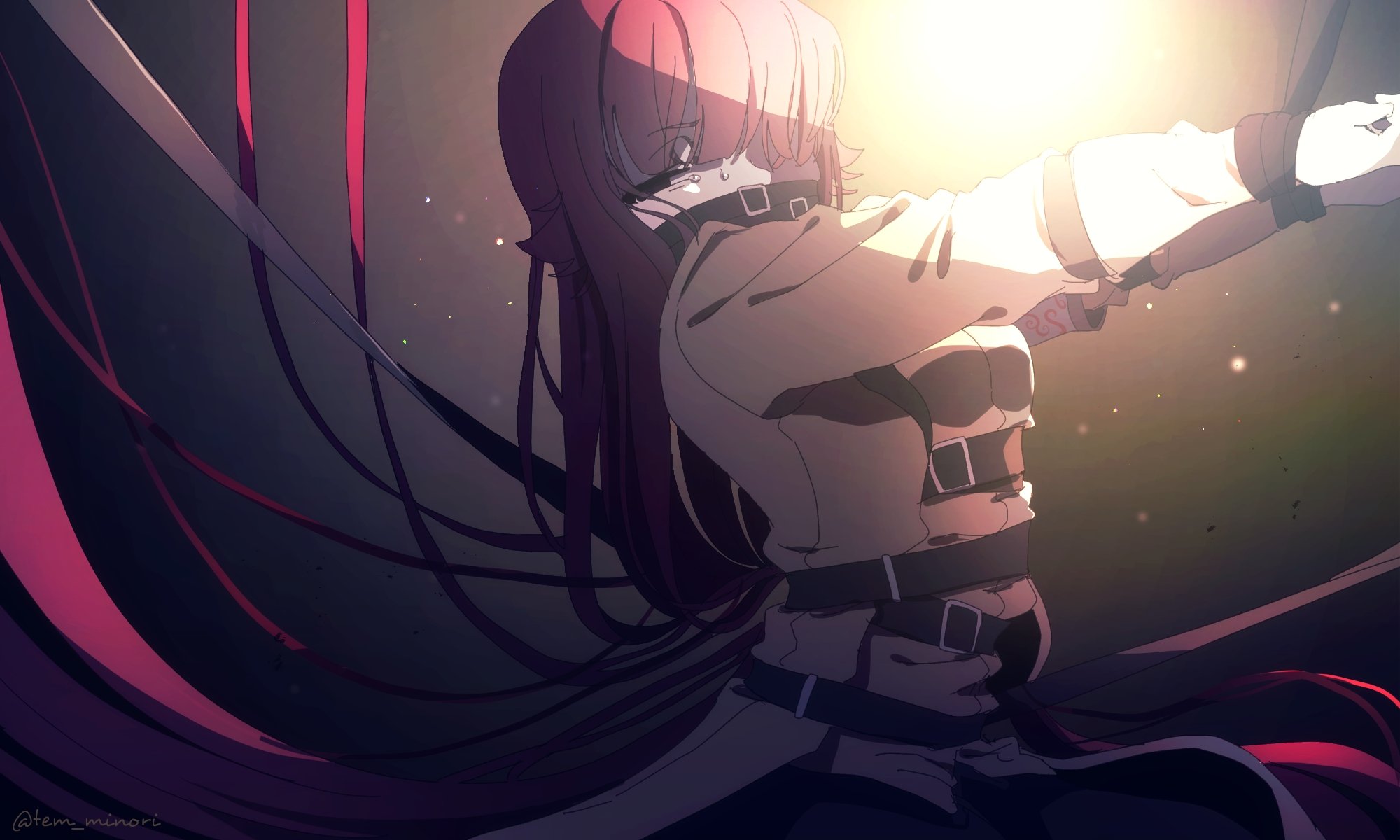 temari momiji, employee (project moon), nugget (project moon), lobotomy corporation, original, project moon, highres, 1girl, artist name, belt, black belt, black eyes, black mask, black pants, bound, brown jacket, e.g.o (project moon), floating hair, hair between eyes, half-closed eyes, jacket, light particles, long hair, mask, mouth mask, pants, red hair, regret (e.g.o), sitting, solo, straitjacket, sweatdrop, tied up (nonsexual), very long hair