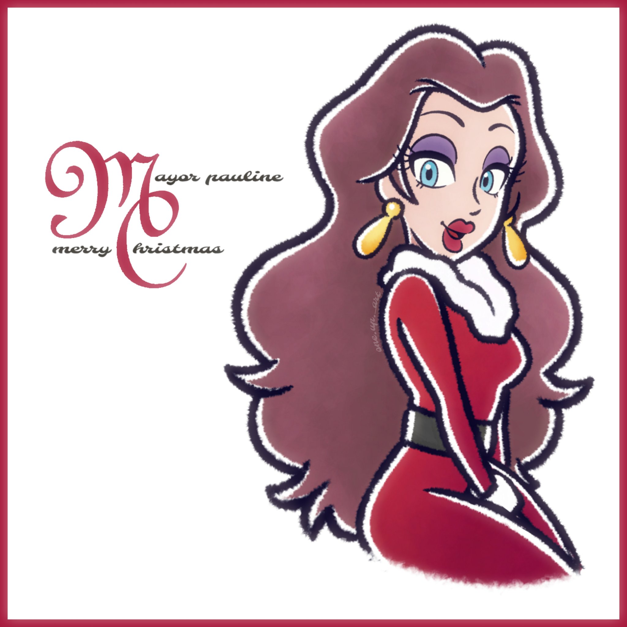 mariah carey, pauline (mario), mario (series), nintendo, highres, 1girl, all i want for christmas is you (mariah carey), blue eyes, border, brown hair, christmas, cosplay, dress, eyeshadow, looking at viewer, makeup, mariah carey (cosplay), official style, ooneupart, purple eyeshadow, red border, red lips, santa costume, santa dress, solo