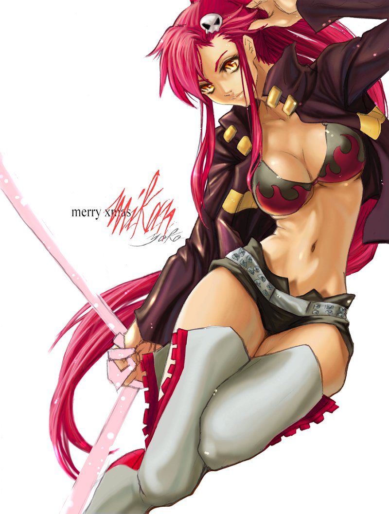 sooj, yoko littner, tengen toppa gurren lagann, 00s, 1girl, belt, bikini, bikini top only, breasts, cleavage, female focus, hair ornament, large breasts, long hair, midriff, ponytail, red hair, solo, swimsuit, thighhighs, yellow eyes