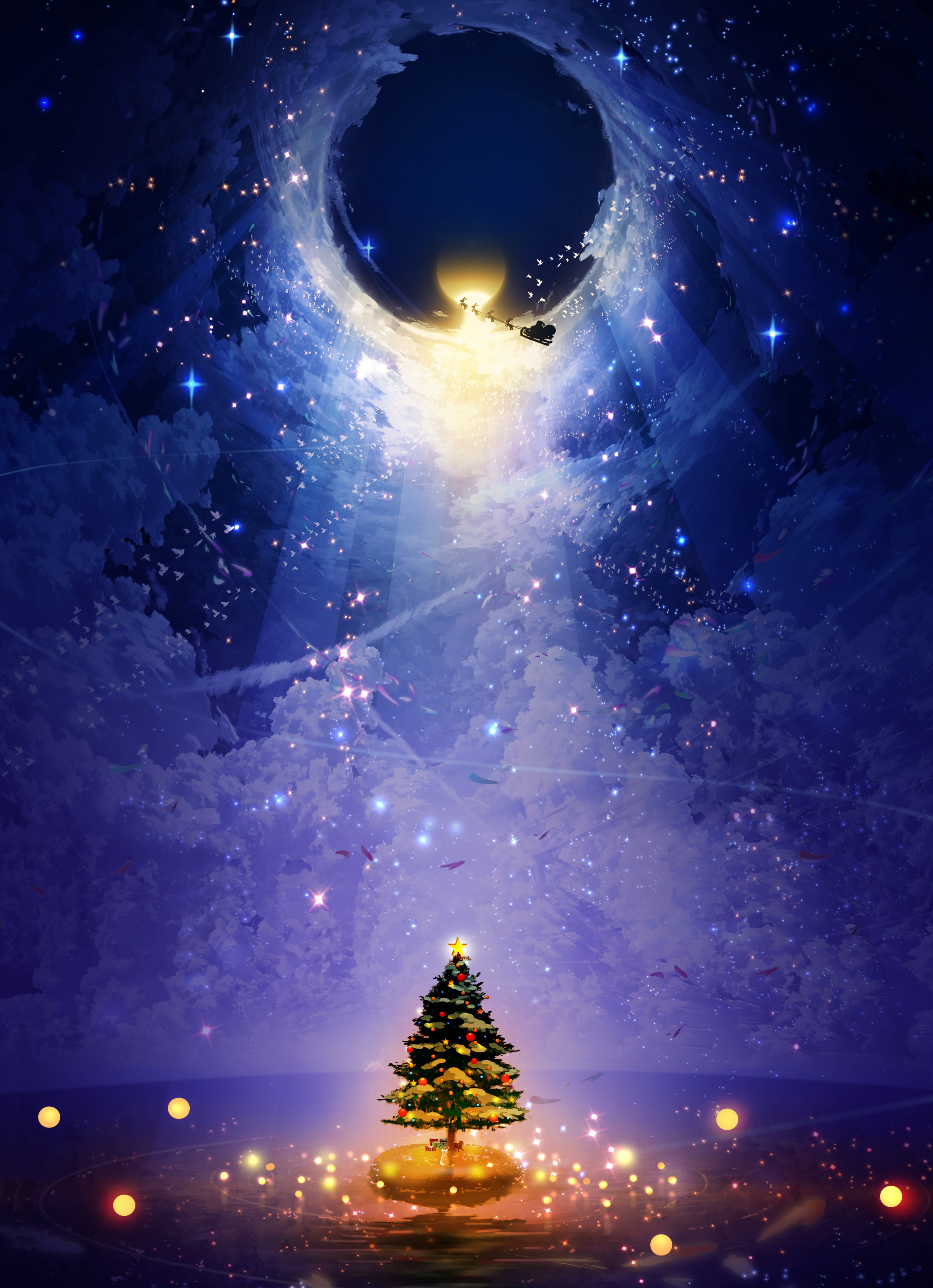 makoron117117, original, absurdres, commentary request, highres, christmas, christmas lights, christmas ornaments, christmas tree, cloud, cloudy sky, flying, gift, glowing, midair, reindeer, scenery, silhouette, sky, sleigh, star (sky), star ornament, starry sky
