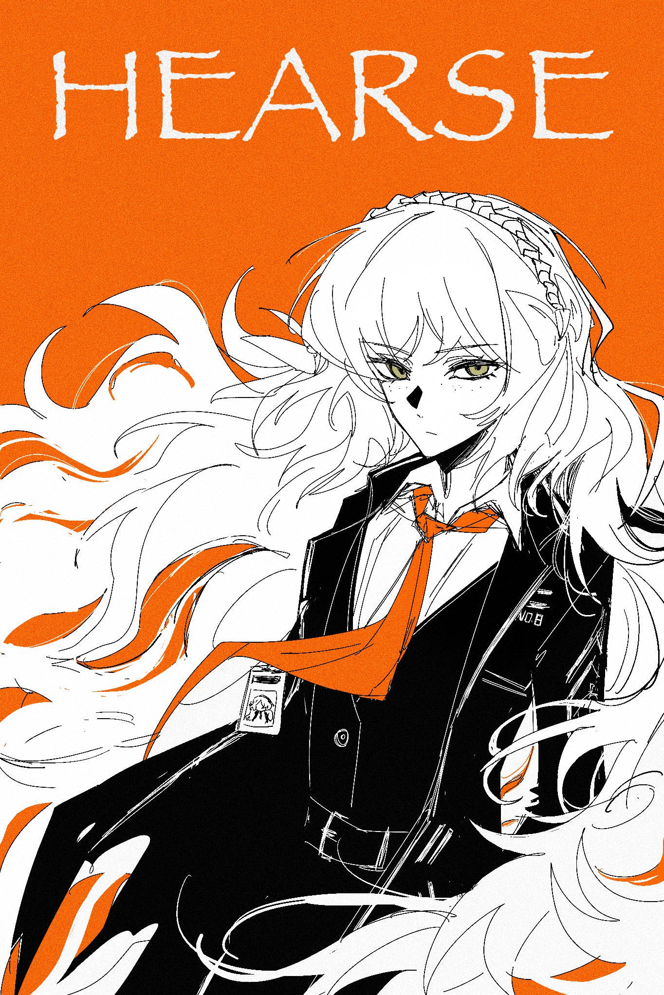 ishmael (project moon), limbus company, project moon, highres, 1girl, akanochisato, black coat, bow, coat, collared shirt, cowboy shot, freckles, green eyes, hair bow, id card, long hair, necktie, orange background, orange hair, shirt