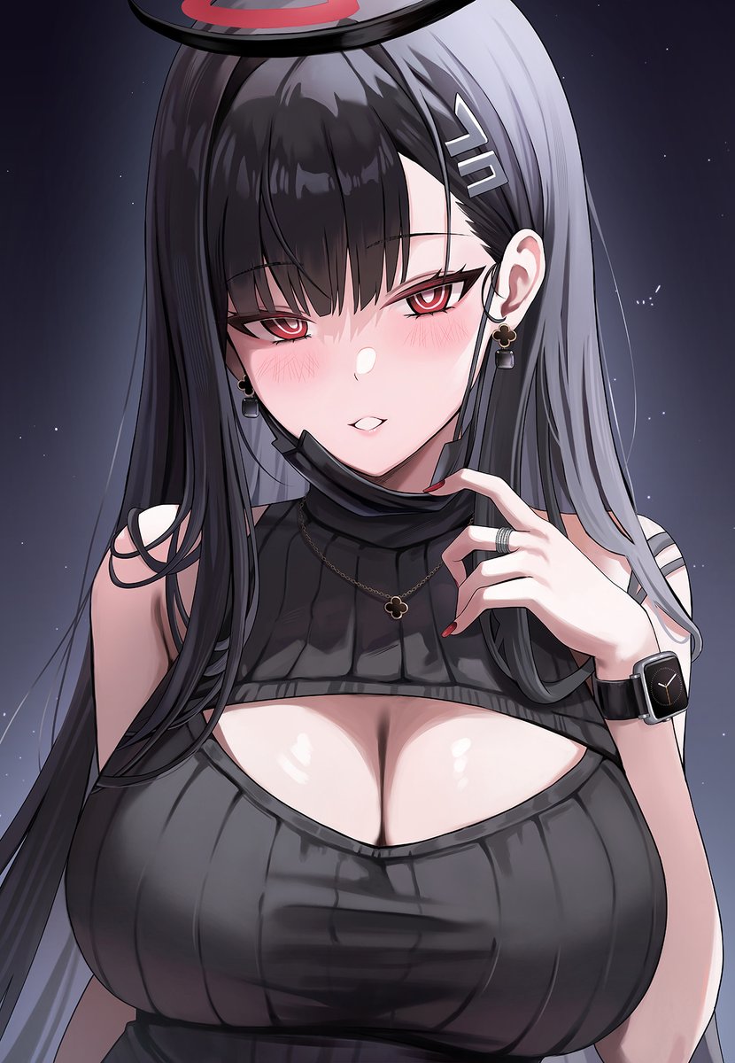 kottungyang, rio (blue archive), blue archive, comiket 107, highres, 1girl, alternate costume, black hair, black halo, black mask, black sweater, breasts, bright pupils, cleavage, cleavage cutout, clothing cutout, earrings, hair ornament, hairclip, halo, jewelry, long hair, looking at viewer, mask, mask pull, millennium science school logo, mouth mask, multicolored halo, nail polish, necklace, red eyes, red nails, ringed eyes, sleeveless, sleeveless sweater, solo, sweater, turtleneck, turtleneck sweater, two-tone halo, upper body, very long hair, watch, white pupils