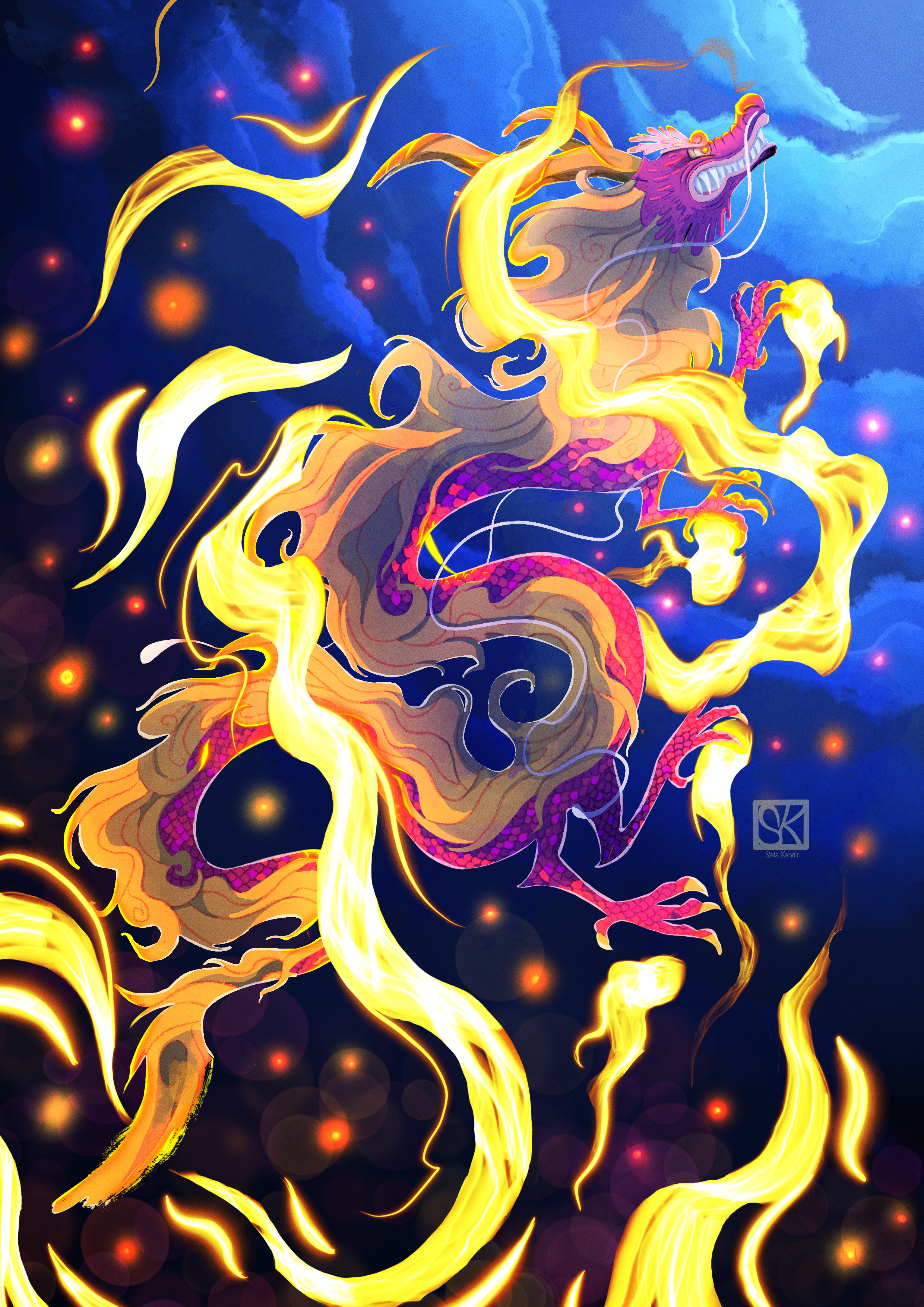 kouzuki momonosuke, one piece, absurdres, commentary, english commentary, highres, alternate form, artist name, claws, clenched teeth, cloud, cloudy sky, curled horns, devil fruit power, dragon, eastern dragon, full body, horns, night, night sky, outdoors, seta kendir, sharp teeth, signature, sky, solo, teeth