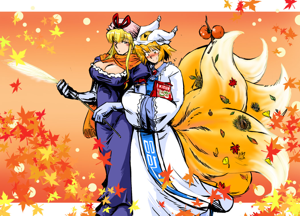 azuki osamitsu, yakumo ran, yakumo yukari, touhou, 2girls, arm hug, blonde hair, blush, breasts, burr, chestnut, cleavage, elbow gloves, feathers, female focus, food, fox tail, fruit, gloves, hat, large breasts, leaf, locked arms, long hair, maple leaf, multiple girls, multiple tails, persimmon, scarf, short hair, smile, tail, walking, yellow eyes, yuri