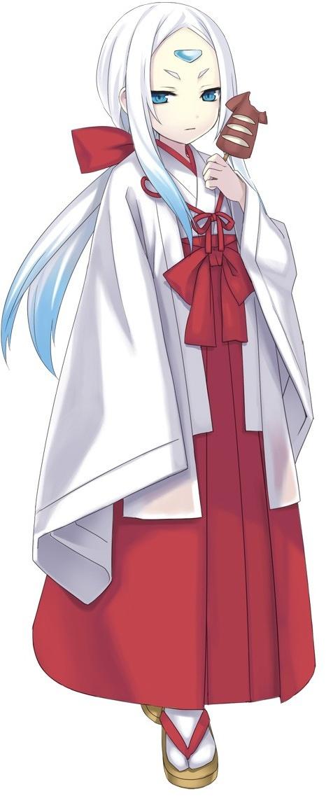 tsunako, iruma, cross edge, commentary, jpeg artifacts, official art, 1girl, albino, alternate costume, blue eyes, blue hair, cece, child, female focus, flat chest, food, forehead jewel, full body, gradient hair, hair ribbon, hakama, hakama skirt, ikayaki, japanese clothes, kimono, long sleeves, matching hair/eyes, miko, multicolored hair, ponytail, red hakama, ribbon, sandals, short eyebrows, simple background, skirt, socks, solo, squid, standing, tabi, white background, white hair, wide sleeves