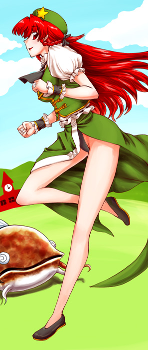 miyamoto ryuuichi, hong meiling, namazu (touhou), touhou, touhou hisoutensoku, bad id, bad pixiv id, 1girl, braid, catfish, china dress, chinese clothes, dress, female focus, fish, full body, hat, long hair, outdoors, red eyes, red hair, sky, solo, twin braids