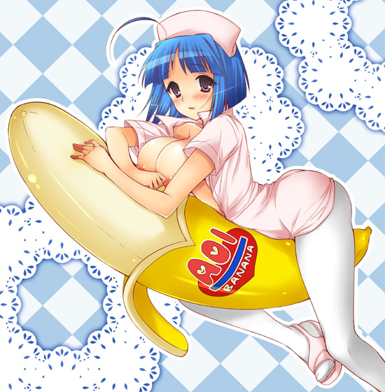 koari, kannazuki aoi, kaitou tenshi twin angel, twin angel, bad id, bad pixiv id, 10s, 1girl, ahoge, ass, banana, blue hair, blush, breasts, female focus, food, fruit, in food, large breasts, legs, mini person, minigirl, nipples, nurse, on banana, open clothes, open shirt, pantyhose, riding, sexually suggestive, shirt, short hair, solo, white pantyhose