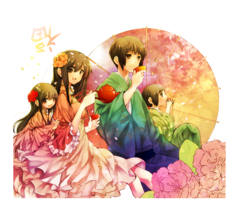 hana (yui), japan (hetalia), taiwan (hetalia), axis powers hetalia, bad id, bad pixiv id, 00s, 1boy, 1girl, changpao, child, chinese clothes, couple, flower, hair flower, hair ornament, hetero, if they mated, japanese clothes, oil-paper umbrella, tea, umbrella