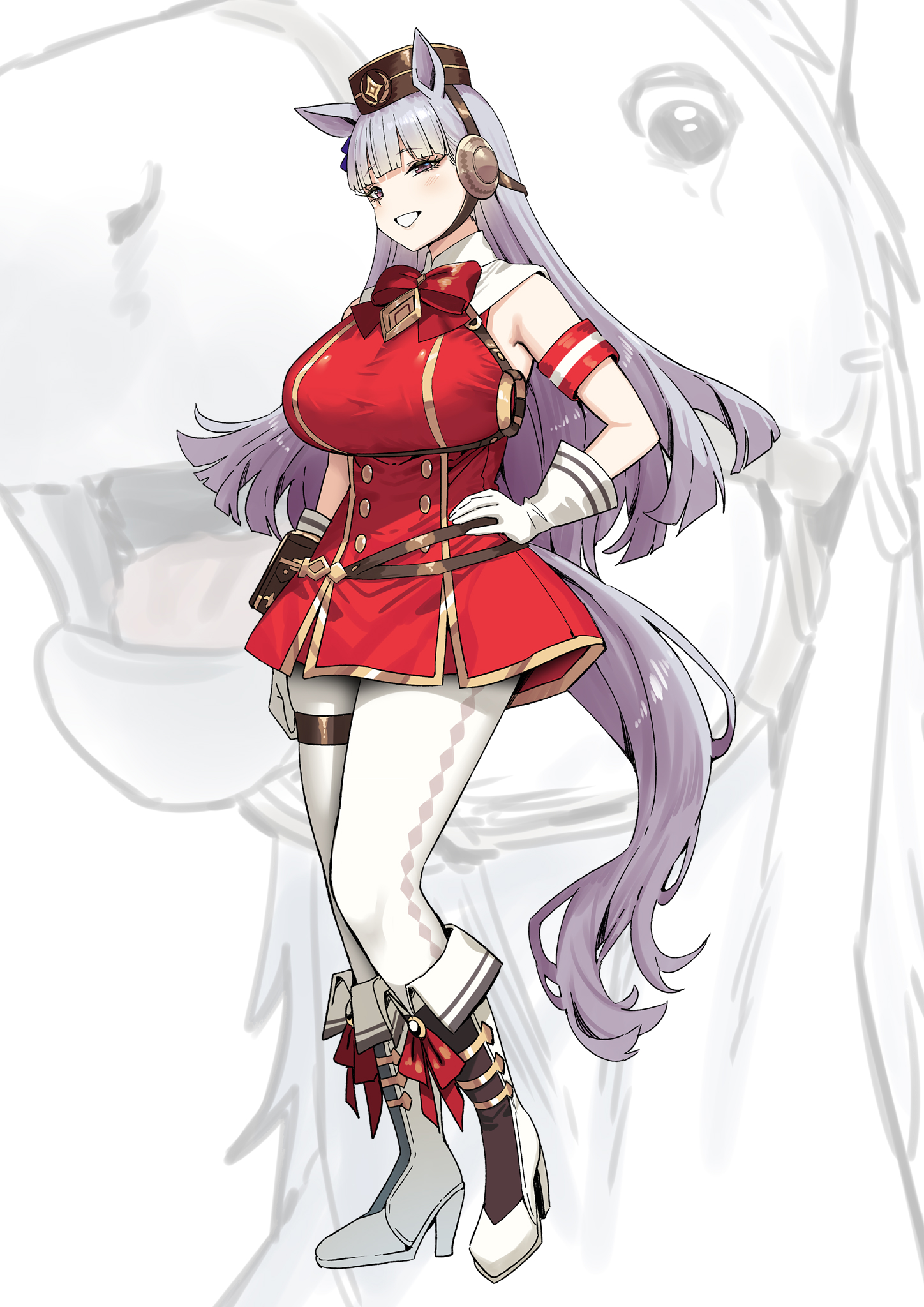 sky-freedom, gold ship (racehorse), gold ship (red strife) (umamusume), gold ship (umamusume), umamusume, commentary request, highres, 1girl, animal ears, boots, bow, bowtie, breasts, brown hat, full body, gloves, grey hair, hand on own hip, hat, horse, horse ears, horse girl, horse tail, large breasts, long hair, looking at viewer, pants, pillbox hat, red bow, red bowtie, simple background, smile, solo, standing, tail, white background, white boots, white gloves, white pants