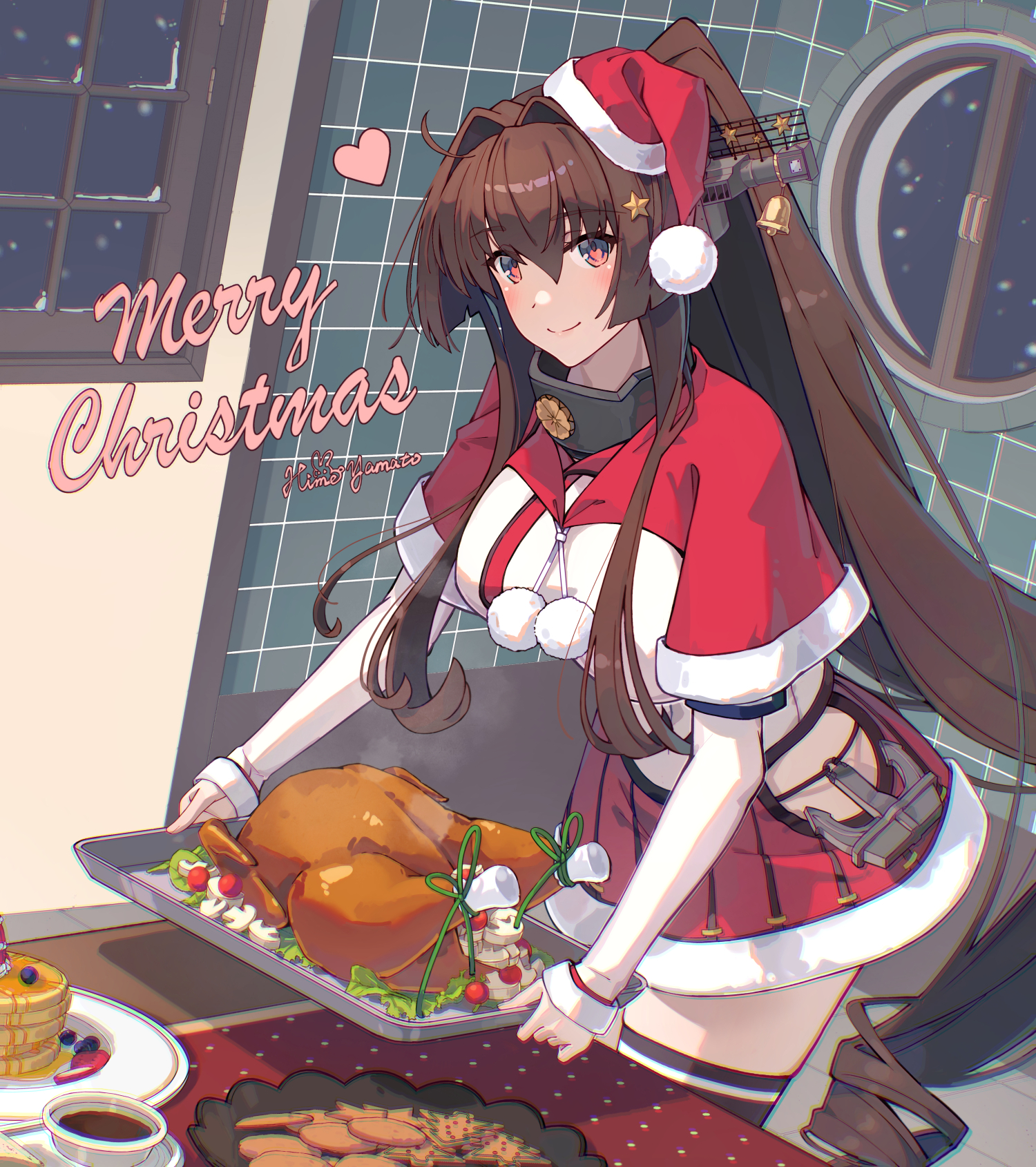 himeyamato, yamato (kancolle), kantai collection, commentary request, highres, 1girl, blush, breasts, brown hair, cape, christmas, closed mouth, coffee, cookie, food, hair between eyes, hair intakes, hair ornament, hat, indoors, large breasts, long hair, long sleeves, looking at viewer, night, pancake, red cape, red eyes, red skirt, santa hat, shirt, sidelocks, skirt, smile, snow, solo, standing, star (symbol), star hair ornament, table, tile wall, tiles, tray, turkey (food), white shirt