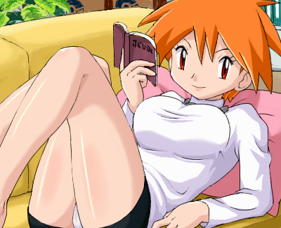 pokemoa, brigette (pokemon), nintendo, pokemon, pokemon box ruby & sapphire, lowres, 1girl, alternate color, book, breasts, bridgette, clothes lift, couch, female focus, holding, holding book, large breasts, lying, miniskirt, open book, orange hair, panties, pantyshot, pillow, red eyes, short hair, skirt, skirt lift, solo, thighs, underwear, upskirt