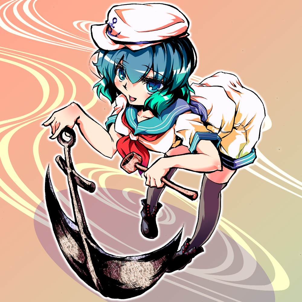 sayuu hanten, murasa minamitsu, touhou, 1girl, anchor, aqua hair, bent over, female focus, full body, gradient hair, green eyes, hat, hishaku, ladle, leaning forward, multicolored hair, sailor, sailor collar, sailor hat, short hair, solo, thighhighs