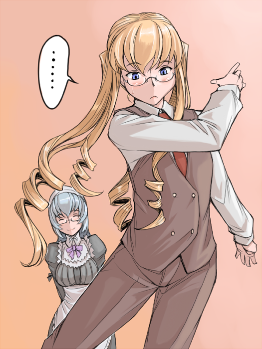 tsuda nanafushi, shinku, suigintou, rozen maiden, silver hair, 00s, 2girls, :<, ^ ^, aged up, arms behind back, bespectacled, blonde hair, blue eyes, blush, bow, breasts, closed eyes, drill hair, formal clothes, glasses, large breasts, long hair, maid, multiple girls, necktie, pant suit, pants, ringlets, smile, spinning, suit, sweat, sweatdrop, twintails