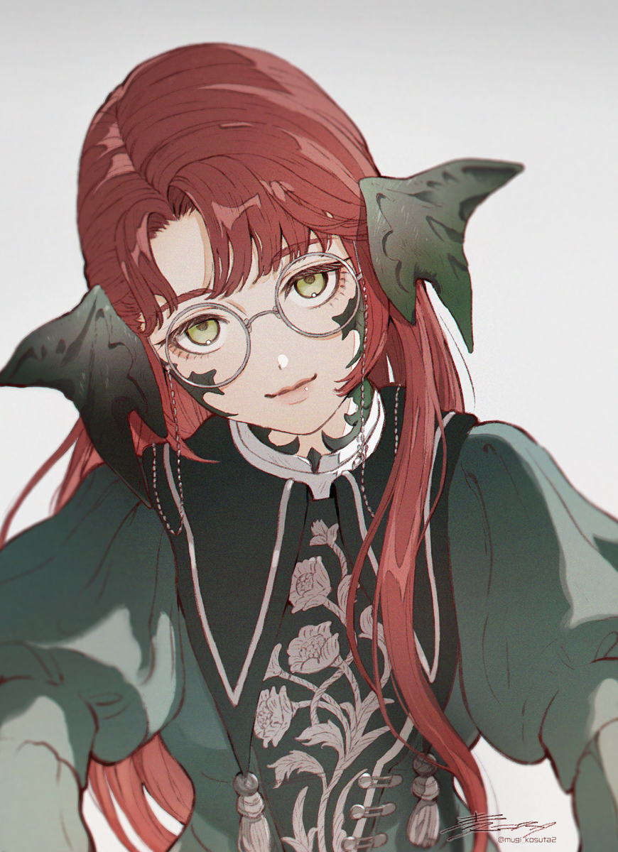 mugi kosuta, final fantasy, final fantasy xiv, highres, 1girl, animal ears, au ra, dot nose, dragon ears, dragon girl, dress, eyewear strap, floral print, glasses, green dress, green eyes, halmarut (ff14), long hair, looking at viewer, puffy sleeves, red hair, round eyewear, scales, simple background, smile, solo, white background