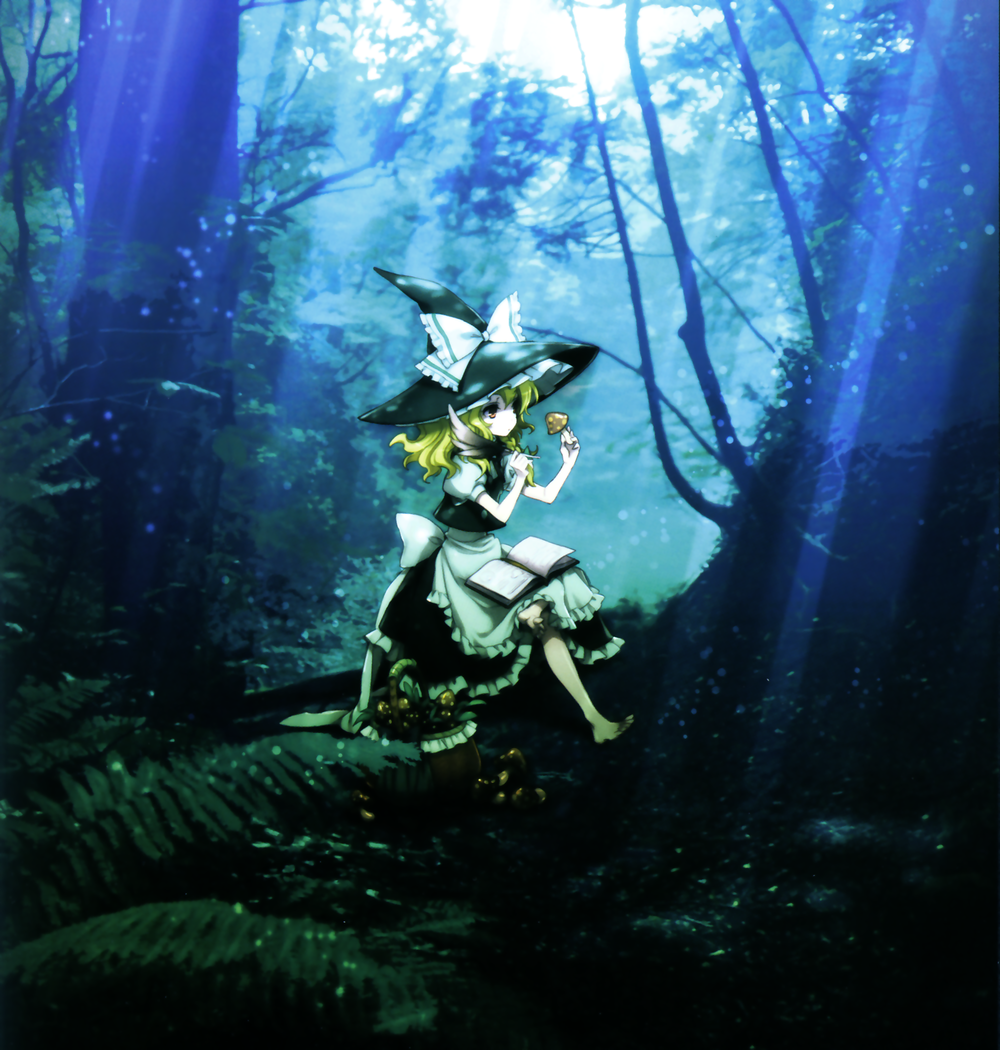 an2a, kirisame marisa, touhou, highres, 1girl, barefoot, blonde hair, book, braid, feet, female focus, forest, hat, mushroom, nature, outdoors, photo background, plant, quill, short hair, solo, witch, witch hat, yellow eyes