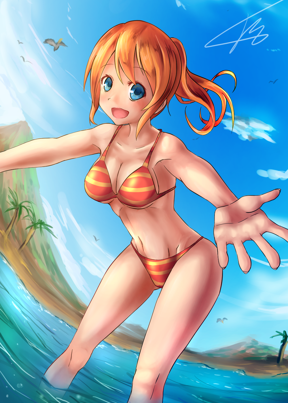 ajidot, mechanic (terraria), terraria, commentary, english commentary, highres, 1girl, bikini, bird, blue eyes, blue sky, breasts, cleavage, cloud, collarbone, looking at viewer, navel, offering hand, open mouth, orange bikini, orange hair, outdoors, signature, sky, smile, solo, striped bikini, striped clothes, swimsuit, tree, wading, water