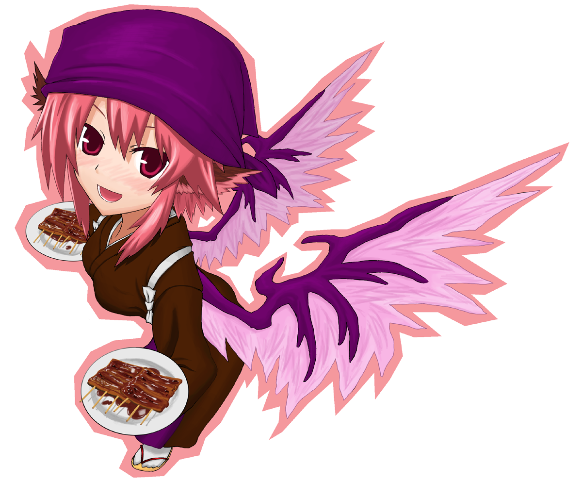 sourouhoukeisotin, mystia lorelei, okamisty, touhou, 1girl, animal ears, blush, eel, female focus, food, headscarf, japanese clothes, pink hair, purple headscarf, red eyes, short hair, solo, tasuki, wings
