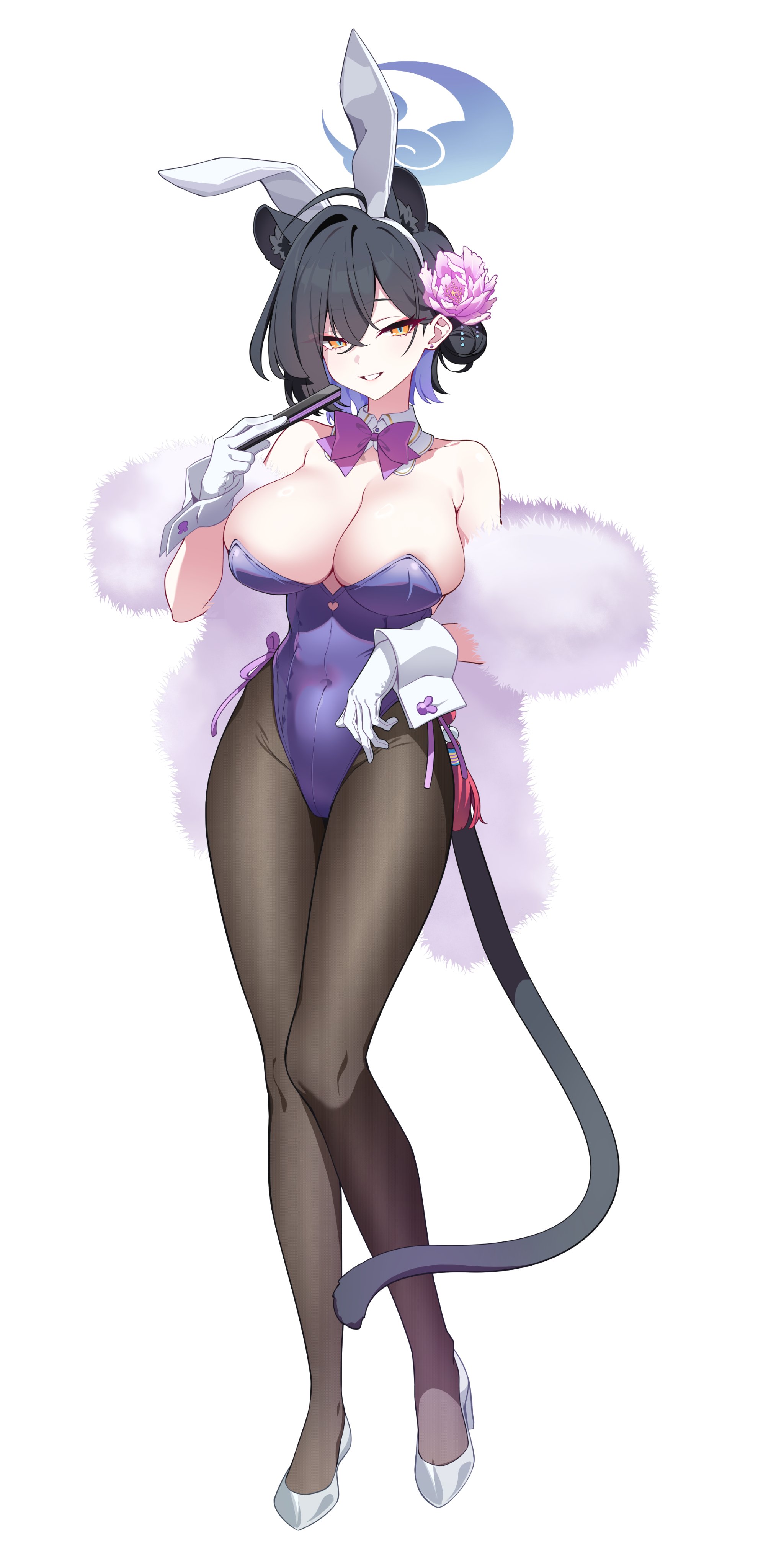 nemoga, kaguya (blue archive), blue archive, absurdres, commentary, highres, symbol-only commentary, 1girl, alternate costume, animal ears, bare shoulders, black hair, black pantyhose, bow, bowtie, breasts, cleavage, clothing cutout, crossed bangs, detached collar, earrings, fake animal ears, flower, full body, gloves, hair between eyes, hair bun, hair flower, hair ornament, halo, hand fan, heart cutout, holding, holding fan, jewelry, large breasts, leotard, looking at viewer, multicolored hair, panther ears, panther girl, panther tail, pantyhose, pink flower, playboy bunny, purple hair, purple leotard, rabbit ears, shoes, simple background, single side bun, solo, standing, stud earrings, tail, tassel, white background, white gloves, wrist cuffs