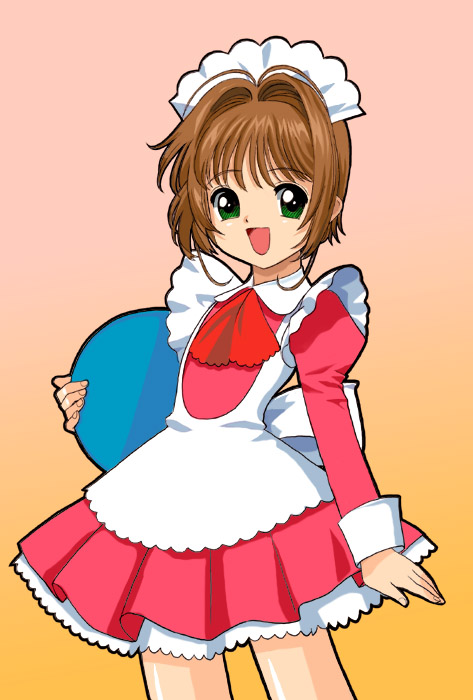 a1 (initial-g), kinomoto sakura, cardcaptor sakura, archived source, commentary request, 1girl, :d, anime coloring, apron, arm at side, ascot, black outline, brown hair, collared dress, contrast collar, cowboy shot, dress, fingernails, gradient background, green eyes, hair intakes, holding, holding tray, juliet sleeves, lace-trimmed headdress, legs apart, long sleeves, looking at viewer, maid, maid apron, maid headdress, official style, open mouth, outline, petticoat, pink background, pink dress, pink sleeves, puffy sleeves, red ascot, round collar, short hair, sleeve cuffs, smile, solo, standing, thick outlines, tongue, tray, white apron, white headdress, yellow background