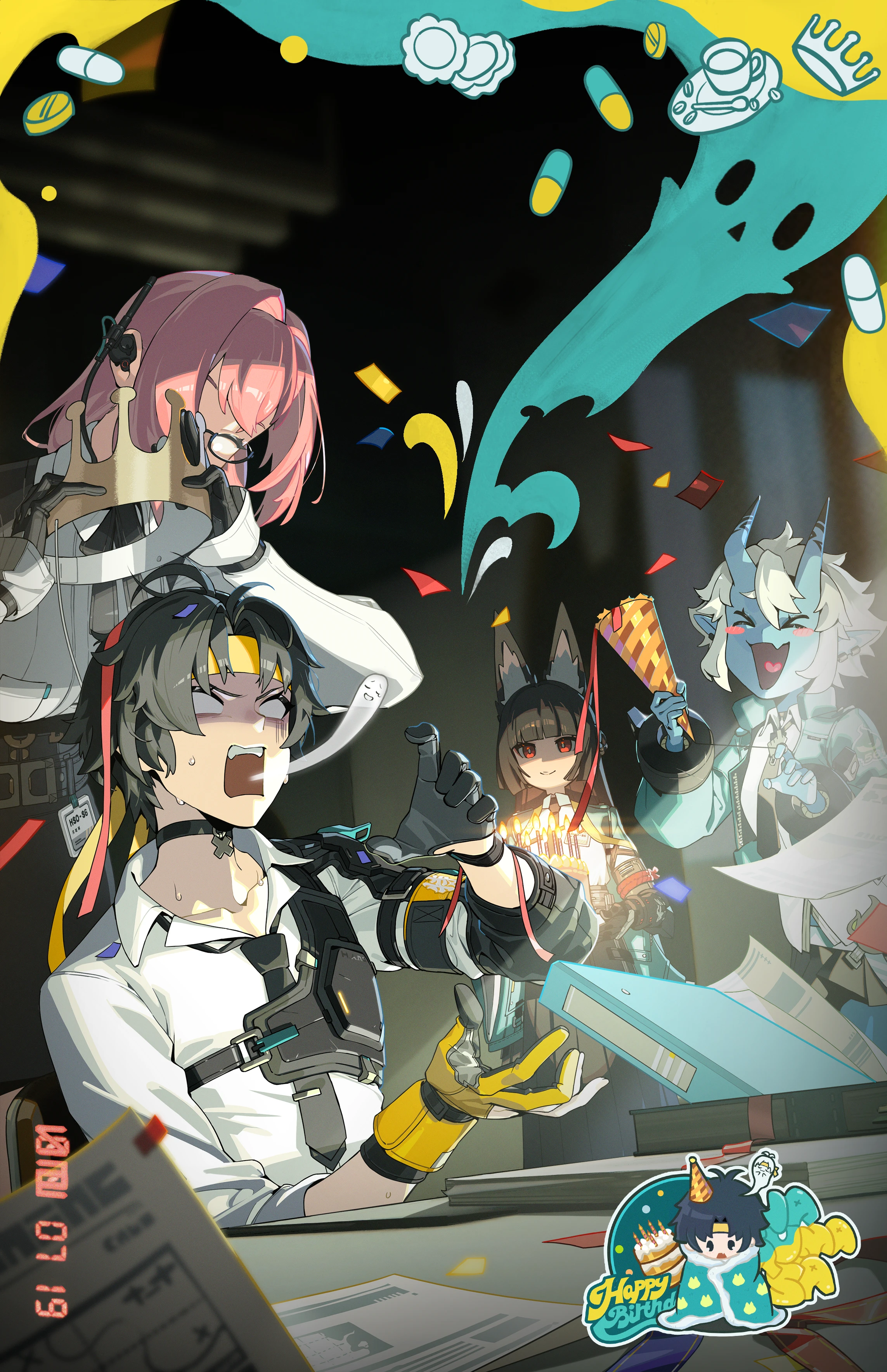 asaba harumasa, hoshimi miyabi, soukaku (zenless zone zero), tsukishiro yanagi, zenless zone zero, absurdres, chinese commentary, commentary, highres, official art, 1boy, 3girls, animal ears, birthday cake, birthday party, black hair, black necktie, blue skin, cake, colored skin, crown, dated, fingerless gloves, food, fox ears, fox girl, ghost, giving up the ghost, glasses, gloves, hair between eyes, happy birthday, headband, horns, jacket, long hair, multiple girls, necktie, oni, open mouth, party popper, pink hair, pointy ears, red eyes, shirt, short hair, sidelocks, white hair, white shirt, yellow gloves, yellow headband