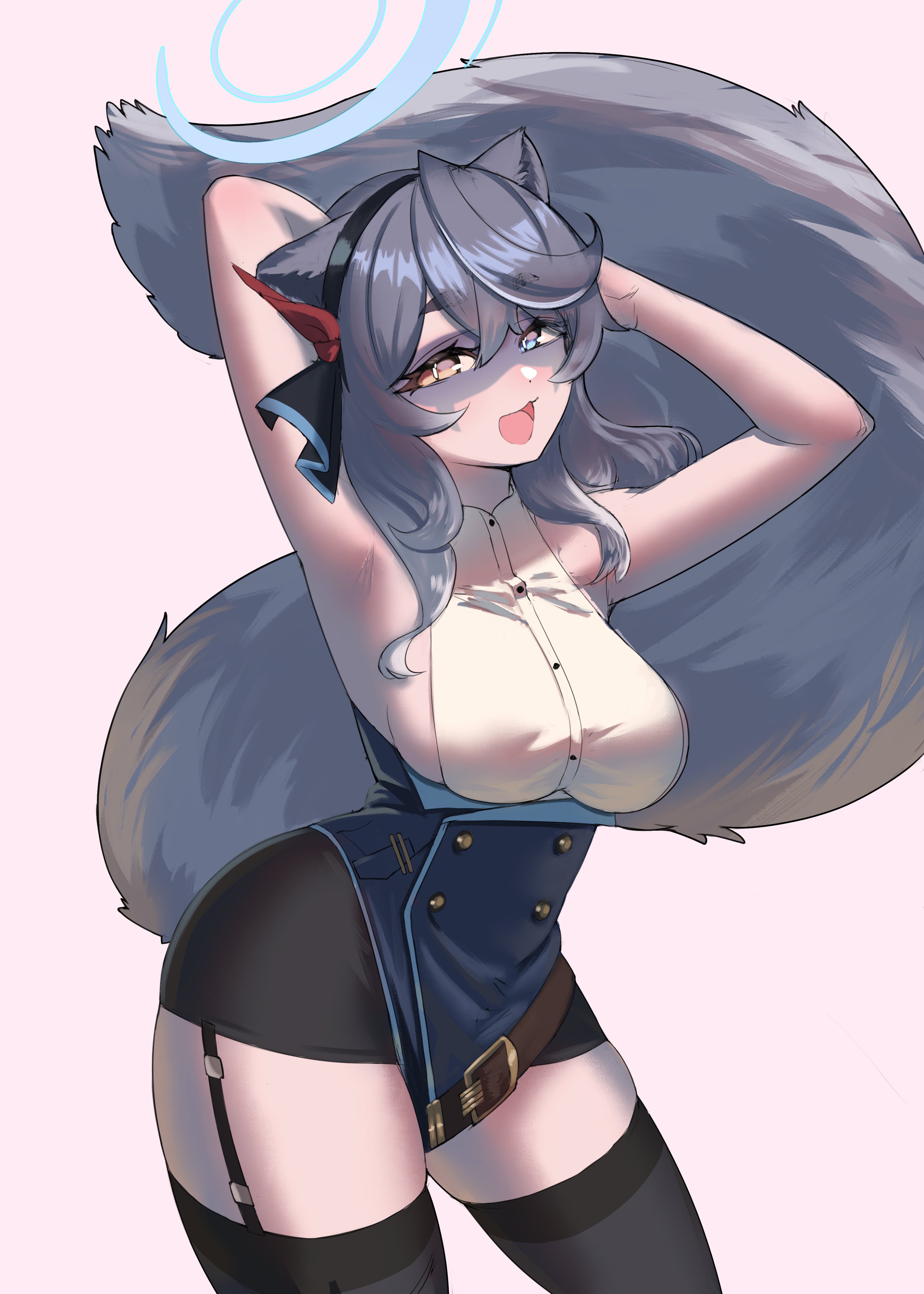 hikamio, ako (blue archive), snuffy (vtuber), 3am, blue archive, absurdres, commentary, english commentary, highres, 1girl, ako (blue archive) (cosplay), animal ears, armpits, blue eyes, blue halo, breasts, cosplay, cowboy shot, grey hair, hair between eyes, halo, looking at viewer, medium breasts, open mouth, raccoon ears, raccoon girl, raccoon tail, sideboob, simple background, slit pupils, solo, tail, thighhighs, tongue, virtual youtuber, white background, yellow eyes