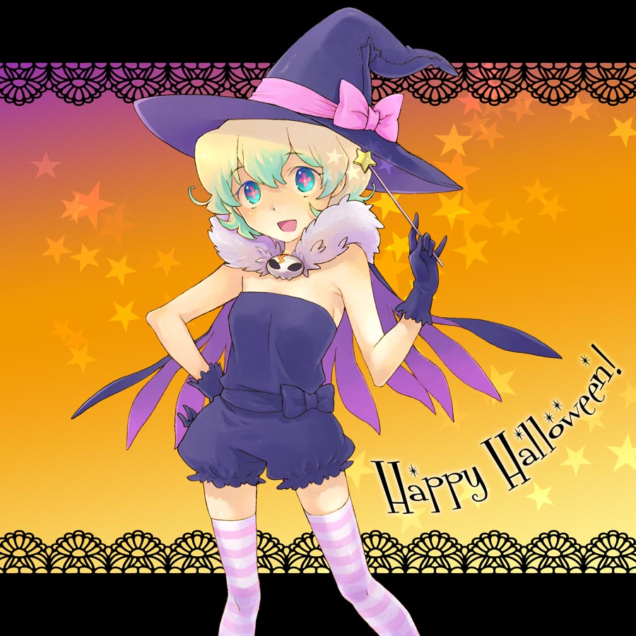 saikachi, saikachi (ogre tree), nia teppelin, tengen toppa gurren lagann, costume, + +, 00s, 1girl, aged down, bow, cape, cross-shaped pupils, female focus, gloves, halloween, hand on own hip, happy halloween, hat, multicolored hair, patterned legwear, pink bow, ribbon, short hair, skull, sleeveless, smile, solo, striped clothes, striped thighhighs, symbol-shaped pupils, thighhighs, two-tone hair, wand, witch, witch hat