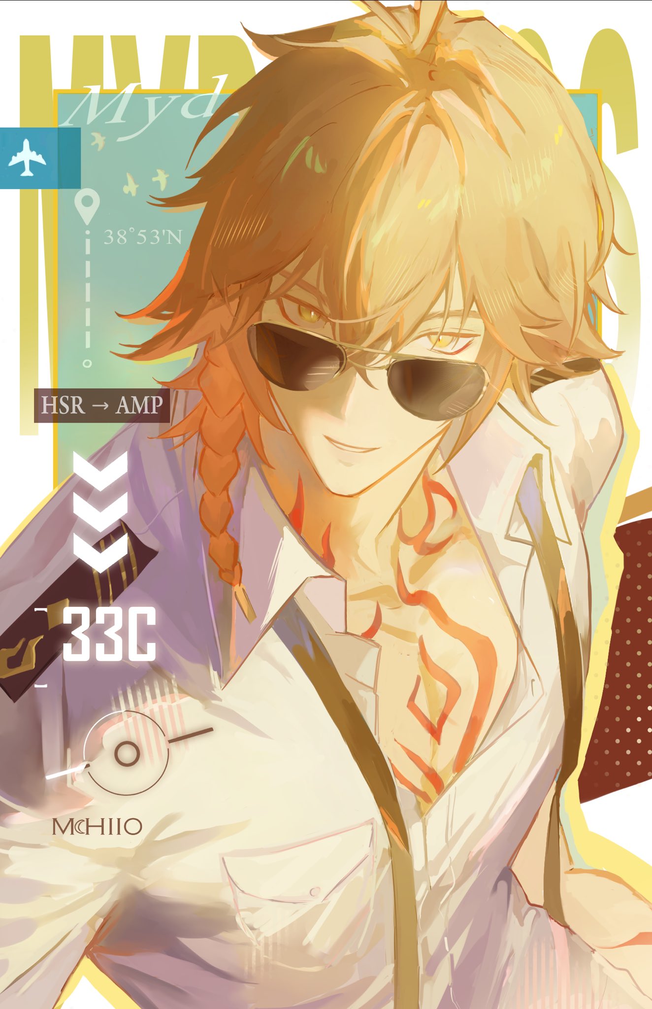 mchii0, mydei (honkai: star rail), honkai: star rail, honkai (series), commentary, english commentary, highres, 1boy, blonde hair, braid, character name, chest tattoo, collared shirt, facial tattoo, gradient hair, male focus, medium hair, multicolored hair, partially unbuttoned, pectoral cleavage, pectorals, red hair, red tattoo, shirt, side braid, solo, sunglasses, tattoo, white shirt, yellow eyes