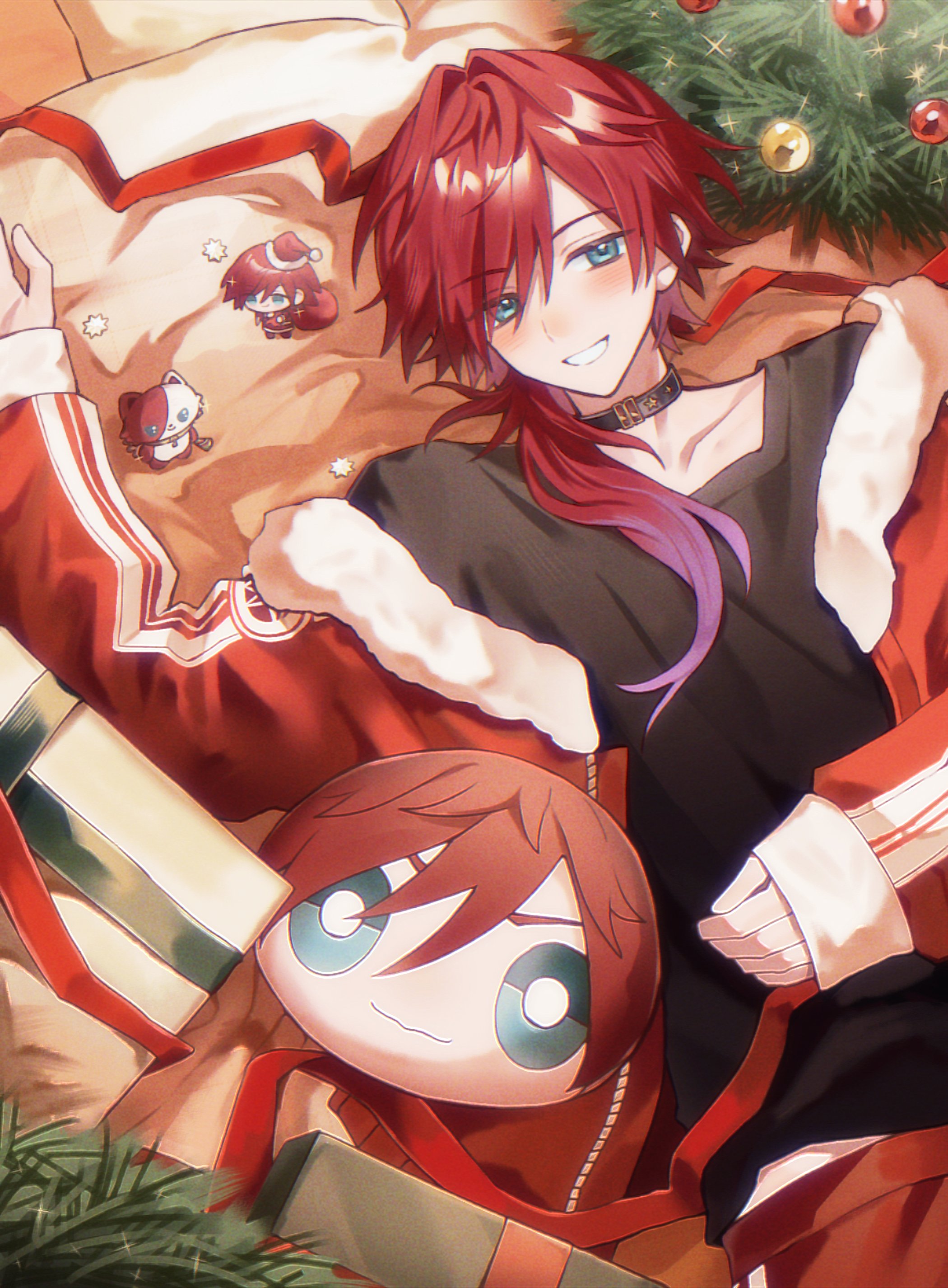 lauren iroas, nijisanji, absurdres, hashtag-only commentary, highres, 1boy, alternate costume, arm up, black choker, black shirt, blush, choker, christmas tree, gradient hair, green eyes, hair between eyes, jacket, long hair, long sleeves, looking at viewer, lying, multicolored hair, omanjuu mascot, on back, open clothes, open jacket, red hair, red jacket, shirt, side ponytail, sleeves past wrists, smile, solo, toya07144, virtual youtuber