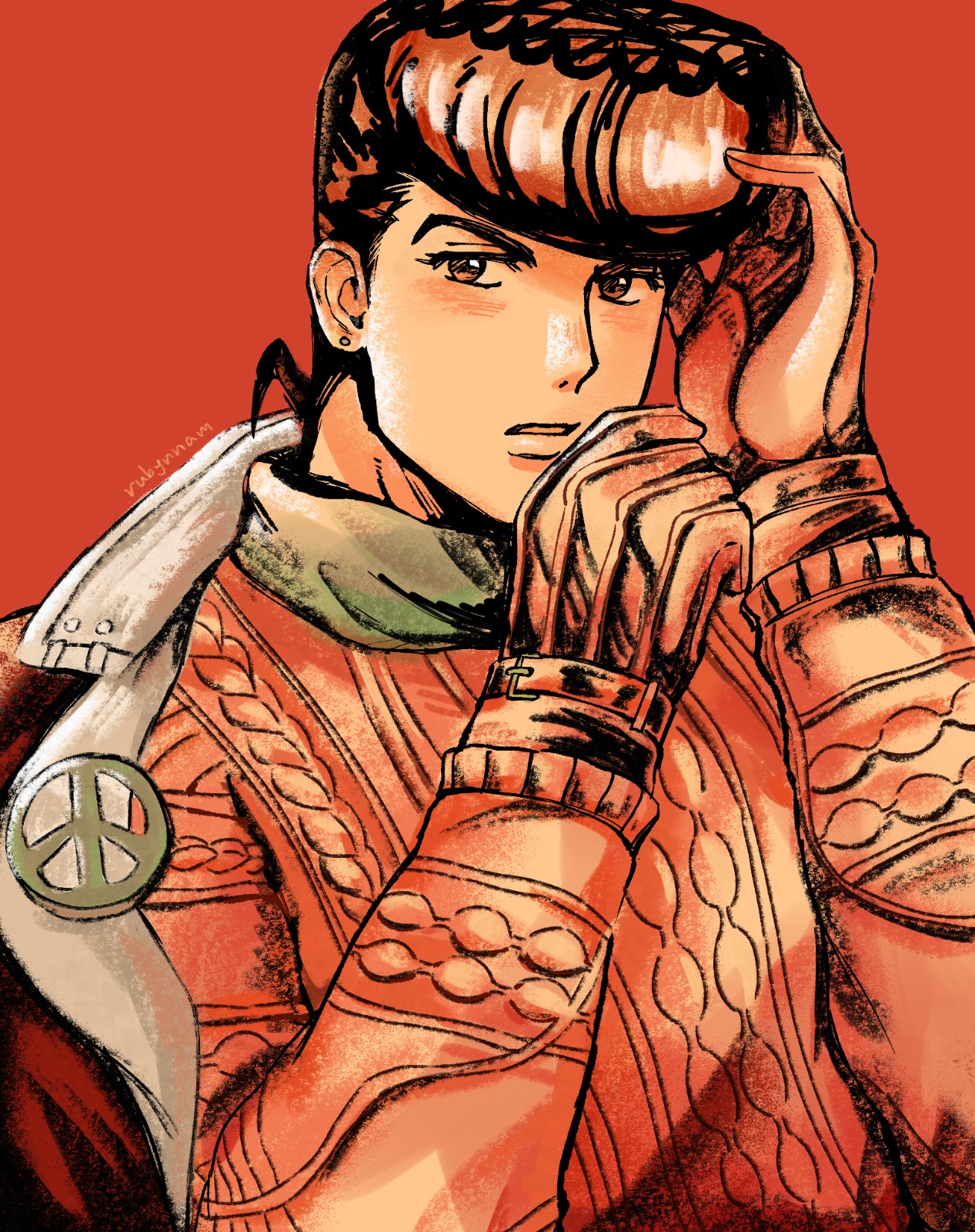 higashikata josuke, diamond wa kudakenai, jojo no kimyou na bouken, highres, 1boy, black jacket, earrings, gloves, hand in own hair, jacket, jewelry, long hair, male focus, open clothes, open jacket, open mouth, orange background, peace symbol, pompadour, rubynman, solo, sweater, upper body, very long hair