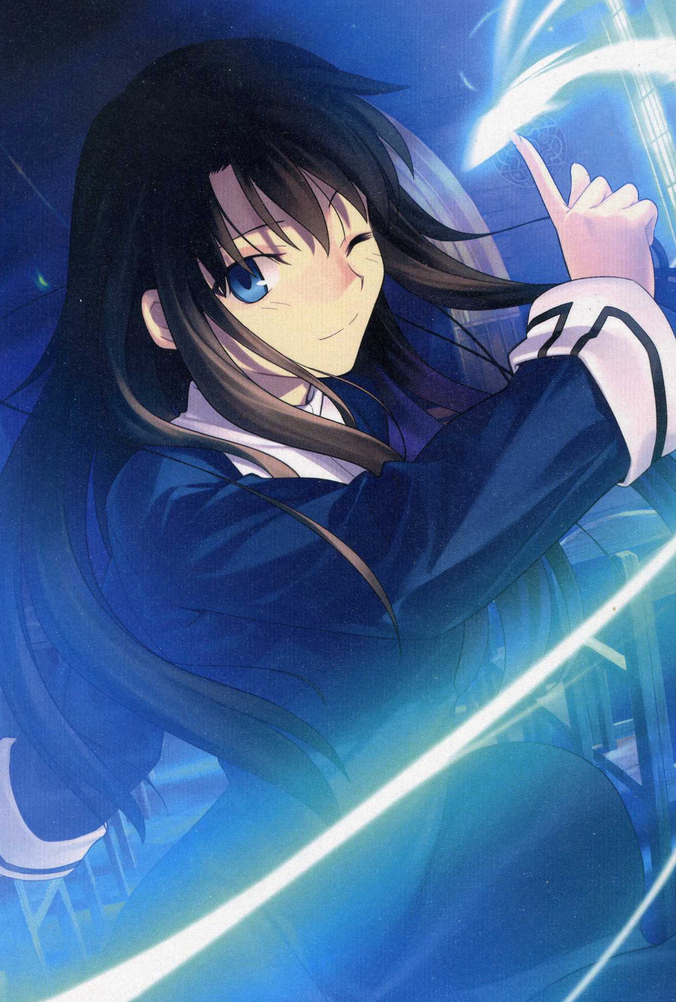 takeuchi takashi, kokutou azaka, kara no kyoukai, type-moon, highres, official art, 1girl, azaka kokutou, blue eyes, brown hair, female focus, gloves, long hair, magic, one eye closed, reien girl's academy school uniform, school uniform, solo, wink