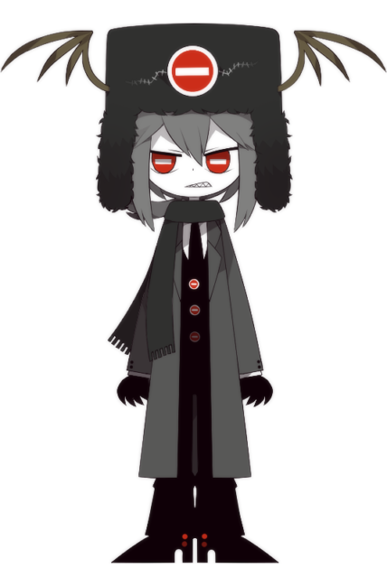 funamusea (artist), funamusea, official art, black gloves, black necktie, black pants, bright pupils, coat, double-parted bangs, edabane (funamusea), gloves, grey hair, hat, high heels, low ponytail, necktie, pants, ponytail, red eyes, scarf, sharp teeth, shirt, symbol-shaped pupils, teeth, trench coat, ushanka, white pupils, white shirt, winged hat