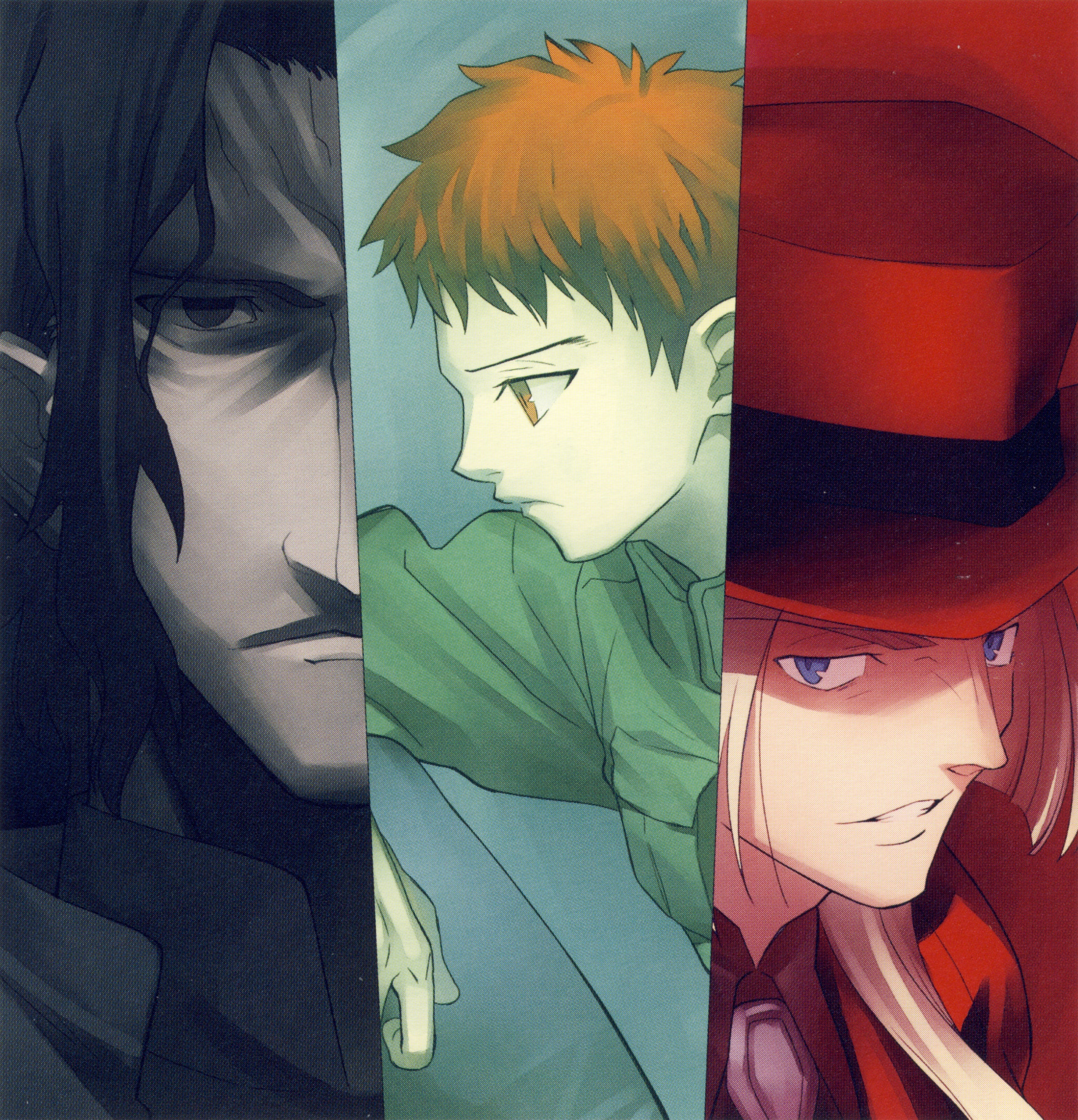 takeuchi takashi, araya souren, cornelius alba, enjou tomoe, kara no kyoukai, type-moon, absurdres, highres, 3boys, black hair, blonde hair, blue eyes, brown eyes, hat, long hair, male focus, multiple boys, red hair, top hat, yellow eyes