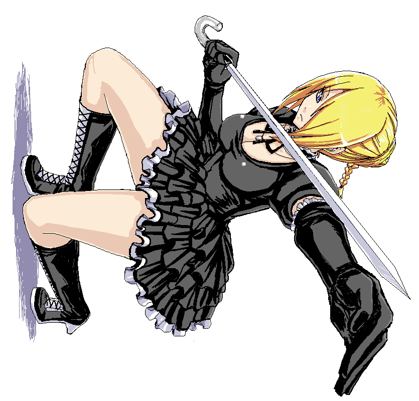 minarai, hilda (beelzebub), beelzebub (manga), 1girl, blonde hair, blue eyes, breasts, cleavage, concealed weapon, elbow gloves, female focus, foreshortening, gloves, gothic lolita, hair over one eye, jaggy lines, lace, lolita fashion, on one knee, pixel art, sideways, solo, squatting, sword cane, upskirt, weapon