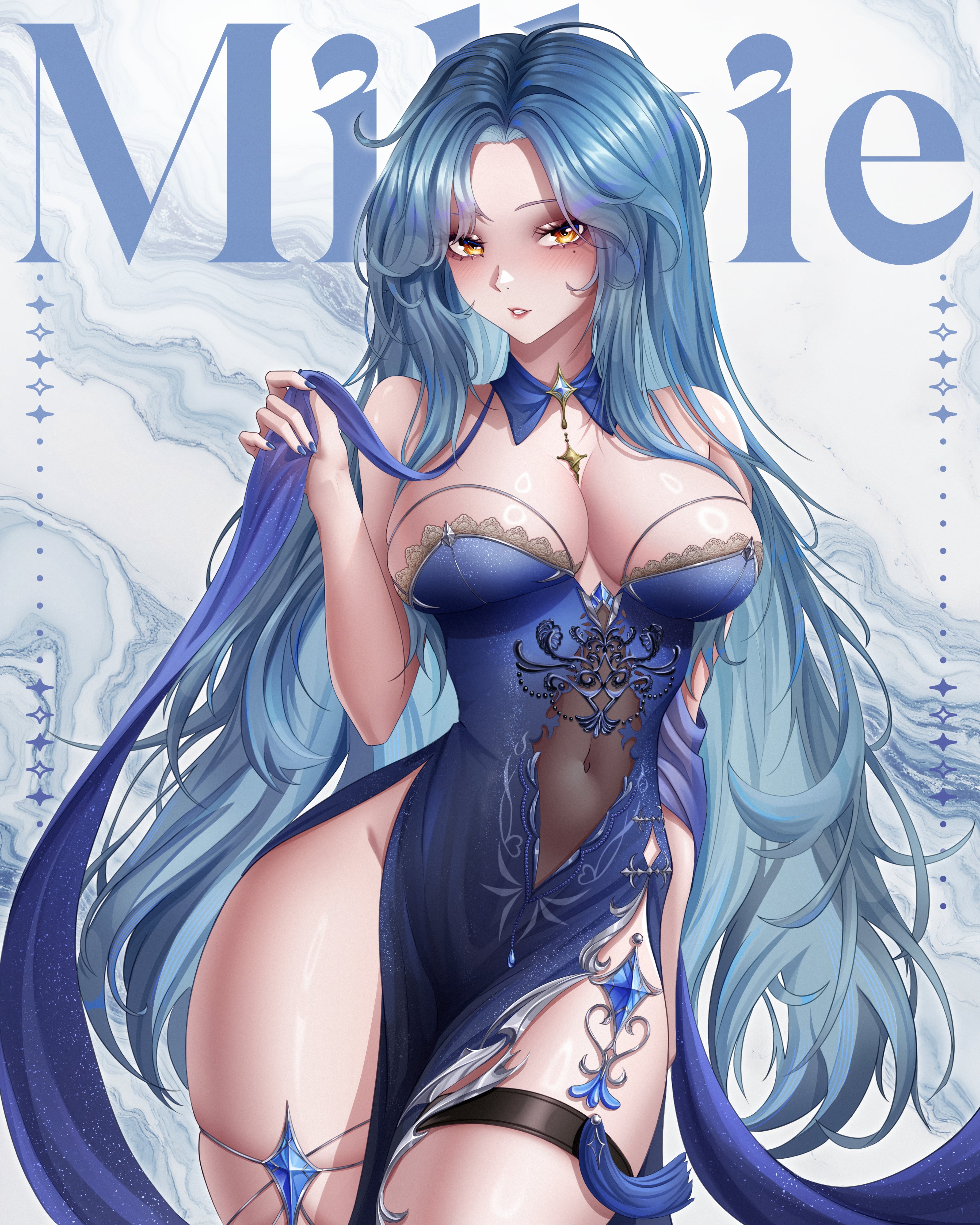 dankira, milkie (vtuber), indie virtual youtuber, absurdres, commission, highres, 1girl, blue dress, blue hair, blue nails, breasts, character name, cleavage, dress, long hair, mole, mole under eye, navel, parted lips, pelvic curtain, thigh strap, virtual youtuber, yellow eyes